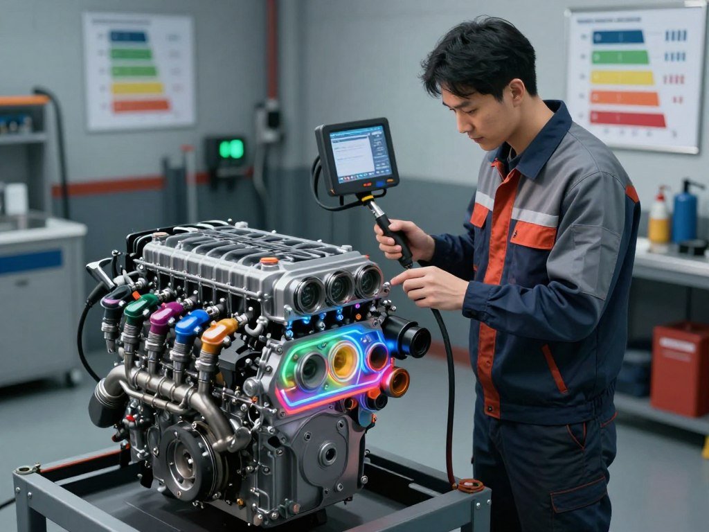 A visually engaging illustration depicting fuel economy optimization for diesel engines. In the foreground, a modern diesel engine with highlighted components, such as the fuel injectors and exhaust system, showcasing intricate details and vibrant colors. In the middle ground, a mechanic in professional attire carefully examining the engine with diagnostic tools, demonstrating a hands-on approach to optimization. The background features a dynamic workshop environment with tools and charts depicting fuel efficiency metrics, illuminated by soft, ambient lighting that emphasizes a focused, professional atmosphere. The camera angle captures a slightly elevated view, enhancing the sense of depth and technical detail while evoking a mood of innovation and expertise in diesel tuning for superior fuel economy.