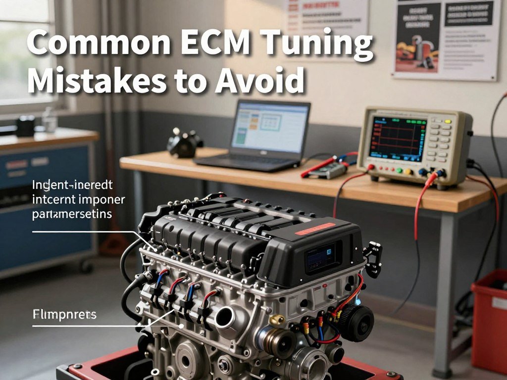 A visually engaging illustration representing "Common ECM Tuning Mistakes to Avoid" in the context of high-performance diesel engine tuning. In the foreground, a realistic, detailed diesel engine with exposed components like the ECM (Engine Control Module), adorned with marked areas highlighting common mistakes, such as incorrect wiring and improper parameter settings. The middle layer features a set of diagnostic tools like a laptop and oscilloscope, depicting the analysis phase of tuning. The background showcases a workshop environment with high-performance tuning equipment and posters of best practices, softly illuminated with warm, natural light to create a professional and informative atmosphere. The image should evoke a sense of precision and expertise without any distractions or text.