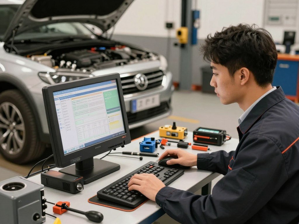 A well-lit automotive diagnostic workshop, showcasing a modern diagnostic machine with detailed digital displays in the foreground. A mechanic, dressed in professional business attire, is focused on analyzing data from the machine. In the middle ground, tools and vehicle parts are neatly organized, indicating a systematized workspace. The background features a partially visible car on a lift, with an open hood revealing intricate engine components. Soft, warm lighting creates a calm and professional atmosphere, emphasizing accuracy and expertise. The camera angle is slightly above eye level, capturing the mechanic's concentration and the high-tech equipment. The scene conveys a sense of precision, reliability, and care in automotive services.