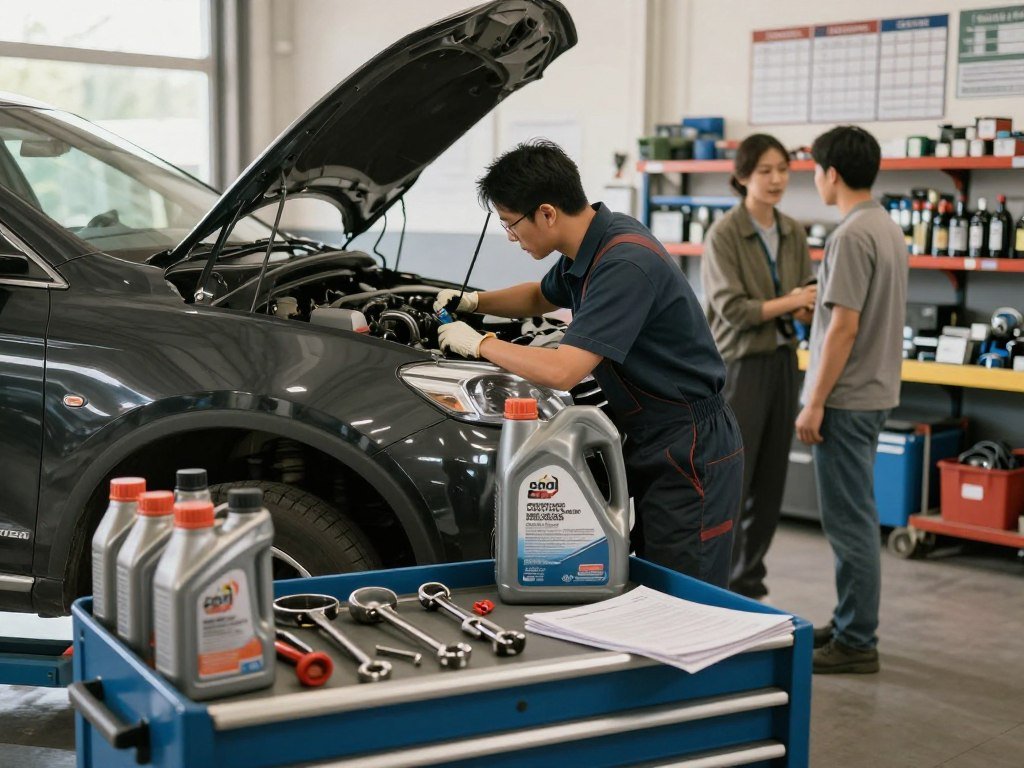 A well-lit automotive workshop featuring a car on a lift, with a mechanic performing an oil change and inspecting components for factory recommended maintenance. In the foreground, an organized toolbox filled with tools, oil cans, and service manuals highlights the importance of proper maintenance. The middle ground includes the mechanic, dressed in professional business attire, carefully checking the vehicle’s oil level and discussing maintenance with a customer nearby. The background shows shelves filled with automotive parts and charts outlining factory service schedules. Soft, natural lighting streams through windows, creating a warm, focused atmosphere that conveys professionalism and precision in automotive care.