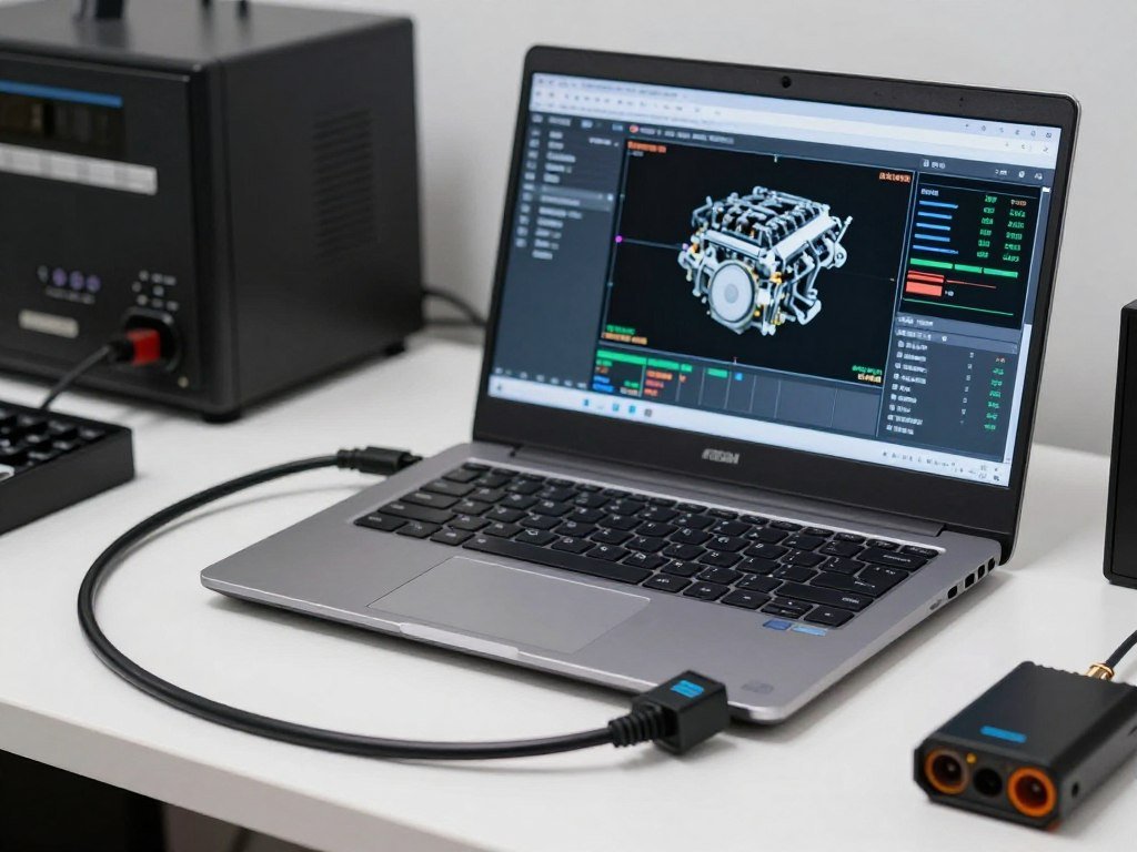 An ECM tuning interface cable connected to a laptop showing complex data charts and diesel engine parameters.