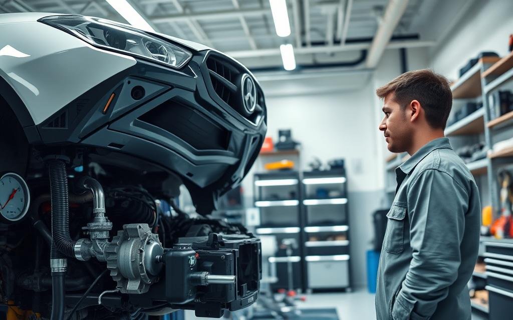 A clean, well-lit automotive workshop scene depicting the hydrogen cleaning process for vehicles. In the foreground, a modern vehicle on a lift shows its engine compartment, with visible pipes and equipment connected to a hydrogen cleaning machine. The middle ground reveals a technician in modest casual clothing, carefully monitoring the process, using gauges and digital displays to track the carbon cleaning progress. In the background, shelves filled with tools and equipment line the walls, illuminated by soft, bright workshop lighting that creates a professional atmosphere. The angle should be slightly above eye level, providing a comprehensive view of the procedure, emphasizing the innovative technology involved in hydrogen engine carbon cleaning. The mood is focused and efficient, showcasing a breakthrough in vehicle maintenance.
