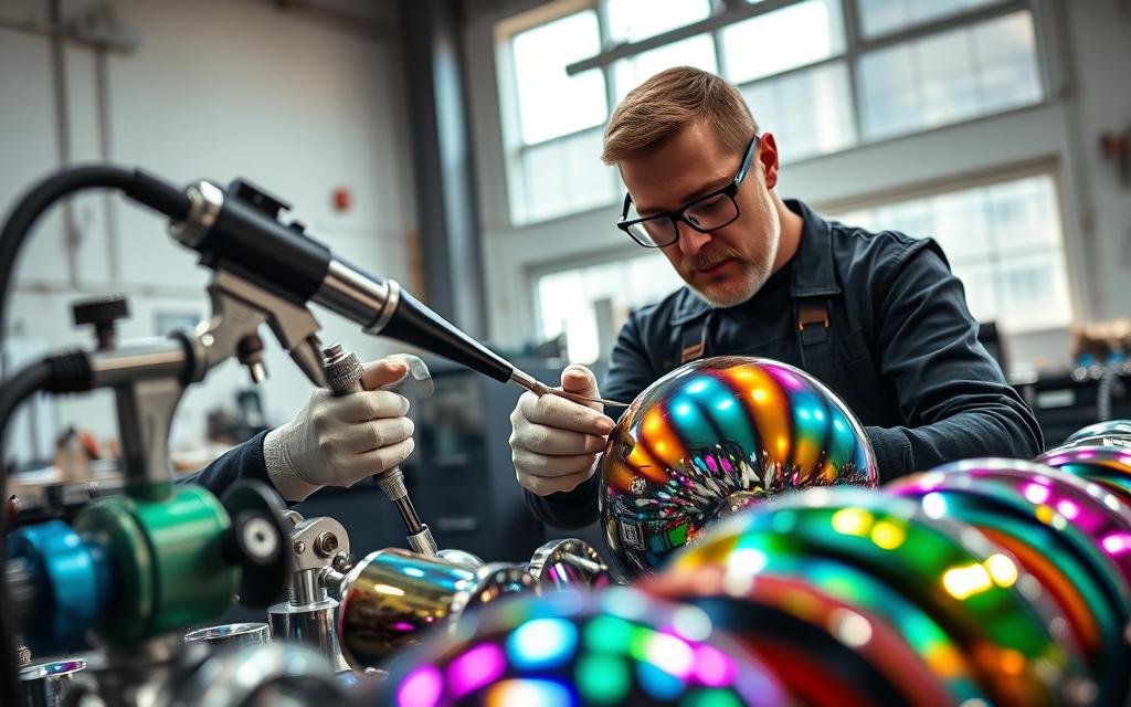 A close-up view of a skilled technician applying innovative plating techniques on custom motorcycle parts, showcasing a variety of colorful metallic finishes. The foreground features detailed tools and equipment like a spray gun, plating tanks, and polishing wheels, highlighting the precision of metal finishing. In the middle, the technician, dressed in professional overalls and safety goggles, focuses intently on a chrome-plated part, reflecting vibrant colors and intricate patterns. The background shows a modern workshop with bright, natural lighting streaming through windows, creating an inspiring and professional atmosphere. Soft shadows enhance the three-dimensional texture of the plated surfaces, emphasizing creativity and craftsmanship in metal finishing.