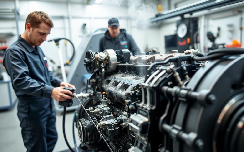 A close-up view of an engine undergoing a carbon cleaning process, showcasing high-tech hydrogen cleaning equipment. In the foreground, a technician dressed in a smart, professional work uniform carefully operates a machine that injects hydrogen into the engine. The middle ground features a partially disassembled engine with visible carbon deposits being removed, with bright, focused lighting illuminating the area. In the background, various tools and machinery hint at a modern workshop environment. The atmosphere is clean and efficient, emphasizing the technology's purpose to enhance fuel efficiency. Soft shadows add depth to the scene while maintaining clarity and focus on the cleaning process. The image captures a sense of innovation and the science behind carbon deposit removal, highlighting the importance of maintenance in engine performance.