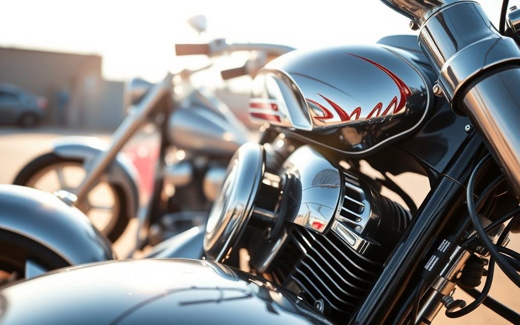 A close-up view of motorcycle parts featuring a stunning chrome finish, highlighting intricate details such as shiny engine components, sleek handlebars, and polished wheels. In the foreground, the chrome surfaces glimmer under bright sunlight, reflecting light and enhancing the metallic shine. The middle layer captures the contours and designs of the motorcycle parts, showcasing their elegance and craftsmanship. In the background, a blurred motorcycle silhouette emphasizes the connection to the bike, creating a sense of depth. The lighting is bright with soft shadows, accentuating the chrome and creating a dynamic feel. The atmosphere is inspiring, showcasing customization and style for motorcycle enthusiasts.