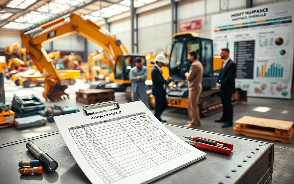 A detailed and organized workspace showcasing a comprehensive maintenance program for construction equipment. In the foreground, a well-structured maintenance checklist is positioned on a metal table, alongside tools and parts, suggesting active maintenance. The middle ground features a diverse group of two technicians in professional business attire, inspecting a large excavator, focused and engaged in their tasks. In the background, a sunlit warehouse filled with various construction machinery adds depth, while large charts illustrating maintenance schedules and performance metrics are displayed on the walls. The scene is well-lit with natural light streaming in, creating a professional and efficient atmosphere, captured from a slightly elevated angle to provide an overview of the bustling maintenance environment.