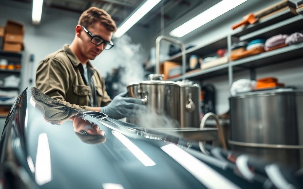A detailed chrome plating process scene featuring a professional technician wearing safety goggles and gloves, working meticulously with chrome plating equipment in a well-lit workshop. In the foreground, focus on a glossy, freshly plated car part like a bumper, reflecting bright ambient light. The middle ground displays the technician carefully handling the chrome plating apparatus, which includes tanks and hoses emitting gentle steam. The background showcases shelves stocked with tools and materials, under bright fluorescent lighting that enhances the shiny surfaces. The atmosphere is one of precision and craftsmanship, highlighting both the artistic and scientific elements of chrome plating. Use a slight low-angle shot to emphasize the technician's expertise and the gleaming chrome finish of the parts.