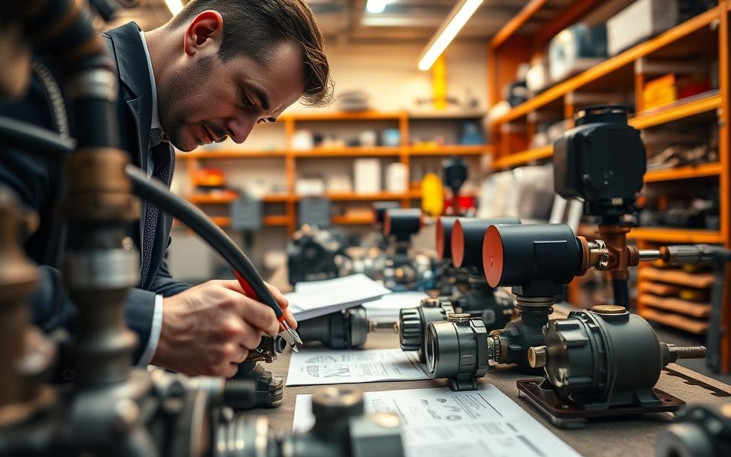 A detailed close-up of a hydraulic system maintenance expert inspecting hydraulic machinery in a well-lit workshop. The foreground features a technician in professional business attire, meticulously examining hydraulic hoses and valves, using precision tools. The middle ground showcases various hydraulic components, such as pumps and reservoirs, arranged neatly on a workbench, with diagrams and manuals for reference. The background reveals shelves stocked with hydraulic parts and safety equipment, all bathed in warm, inviting lighting that emphasizes the professionalism of the environment. The atmosphere conveys diligence and expertise, showcasing the critical nature of hydraulic maintenance in preventing system failures. The perspective is slightly elevated, capturing both the technician’s focused expression and the intricate details of the hydraulic system.