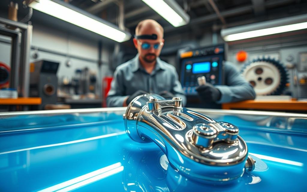 A detailed close-up of the chrome plating process in an industrial workshop, showcasing a shiny chrome-plated motorcycle part. In the foreground, focus on an intricate piece being submerged in a plating tank filled with bright blue solution, reflecting the vivid colors of the liquid. In the middle ground, a skilled technician in professional work attire wearing gloves and goggles carefully monitors the process using a digital control panel, with gears and tools neatly organized on a workbench nearby. In the background, soft diffused lighting from overhead industrial lamps creates a vibrant yet focused atmosphere, enhancing the chrome's reflective quality and casting subtle shadows, emphasizing the high-tech nature of custom chroming. The overall mood is one of innovation and craftsmanship.