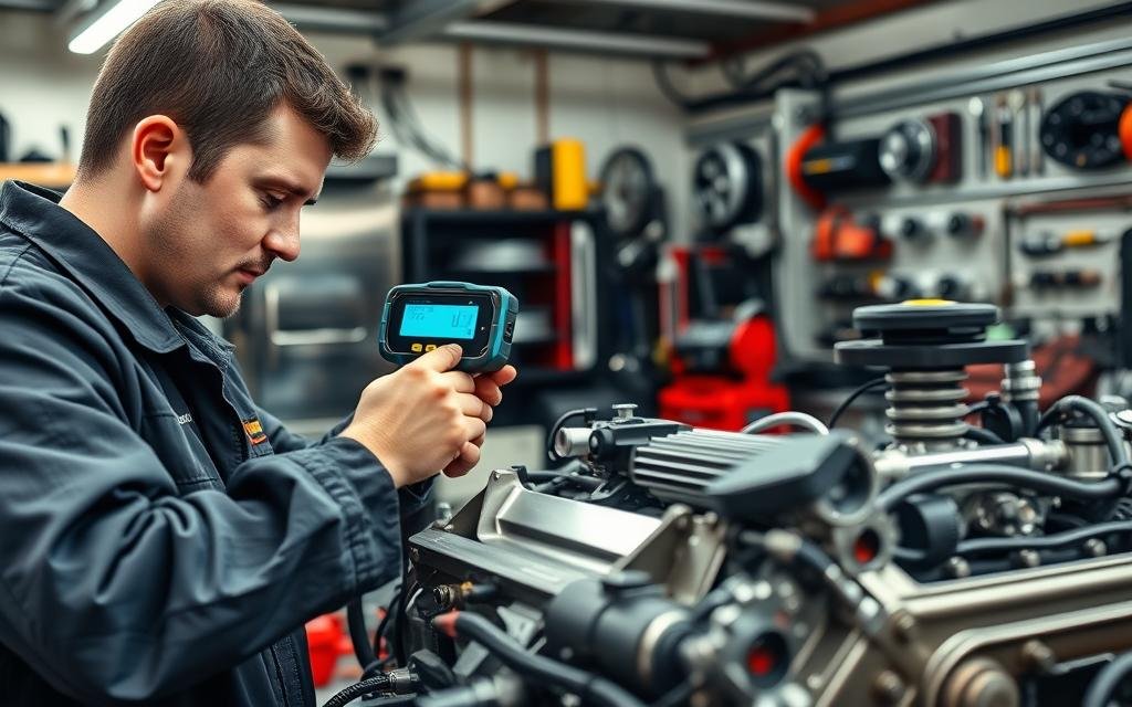 A detailed engine tuning workshop scene with a mechanic in professional attire adjusting an advanced ignition timing tool on a sporty engine. In the foreground, the mechanic is focused, using a digital timing light to optimize engine performance. The middle ground features various tuning equipment and diagnostic tools, including torque wrenches and gauges, highlighting precision craftsmanship. In the background, a well-lit garage filled with tools, machinery, and performance parts creates an atmosphere of innovation and expertise. The lighting is bright, emphasizing metallic surfaces and the intricacies of the engine components. A sense of professionalism and dedication to safety and performance grows from the environment, capturing the essence of engine tuning best practices.