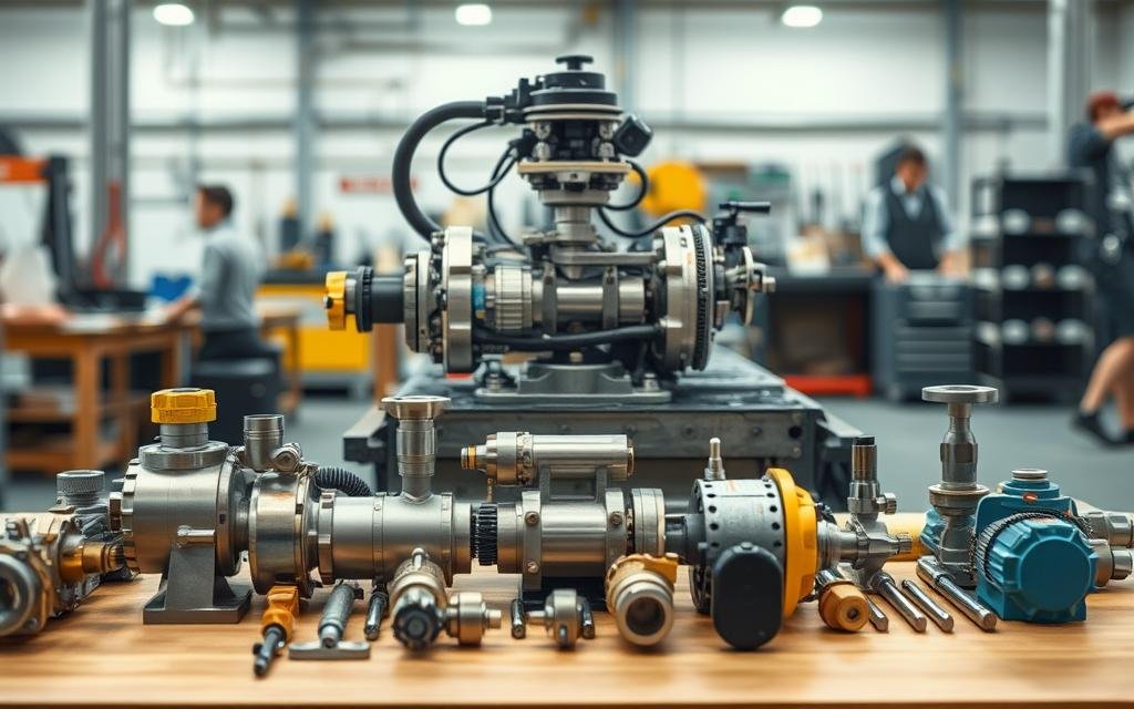 A detailed illustration of hydraulic system components in a well-lit industrial environment. In the foreground, showcase a variety of hydraulic parts such as pumps, valves, hoses, and cylinders arranged neatly on a workbench. The middle layer features a partially disassembled hydraulic machine, revealing intricate inner workings and connections. In the background, blurred outlines of a workshop with tools and equipment create context. Soft, natural lighting highlights the metallic surfaces of the components, while the camera's angle is slightly above eye level to give a comprehensive view. The atmosphere is professional and focused, conveying precision and engineering expertise, suitable for educational purposes on hydraulic systems.