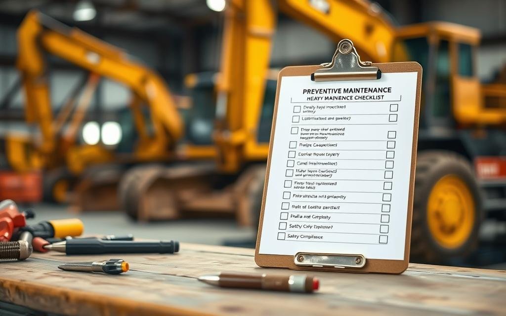 A detailed preventive maintenance checklist for heavy machinery displayed prominently on a clipboard, resting on a sturdy industrial workbench. The checklist includes sections for daily inspections, lubrication, and safety compliance, with checkboxes for each item. In the foreground, a clean, organized workspace with tools and machinery parts subtly visible, emphasizing a sense of order. In the middle, the clipboard stands out against a blurred backdrop of heavy construction equipment, such as excavators and bulldozers, emphasizing the machinery's importance. Soft, natural lighting floods the scene, creating a professional and industrious atmosphere. A slight depth of field effect enhances focus on the checklist, inviting viewers into the image.