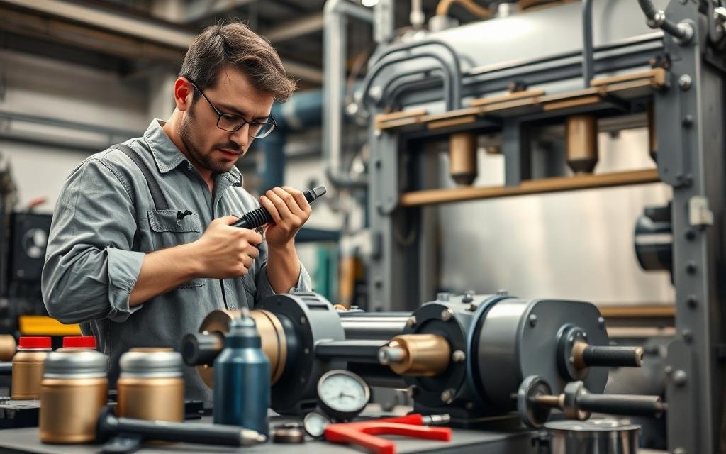A detailed scene depicting hydraulic equipment maintenance in an industrial setting. In the foreground, a technician in professional work attire is inspecting a large hydraulic cylinder, using a wrench to tighten bolts, with a focused expression. The middle layer shows various hydraulic tools scattered on a workbench, including oil cans and measuring gauges, emphasizing meticulous organization. The background features a large hydraulic press with intricate tubing and control panels, bathed in soft, ambient lighting that highlights the metallic surfaces and showcases the complex machinery. The atmosphere is serious yet professional, connoting a commitment to safety and precision in hydraulic services. The image should be shot from a slight low angle to enhance the scale of the equipment.