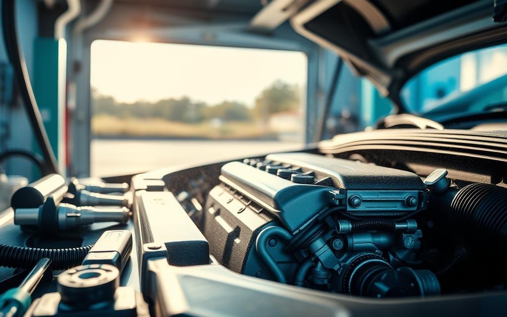 A detailed view of a clean engine bay, showcasing the process of hydrogen cleaning. In the foreground, tools and equipment used for hydrogen cleaning are neatly arranged beside the engine. The middle ground features a gleaming engine, with visible components like fuel injectors and valves, demonstrating the enhanced cleanliness. Soft blue and green lighting create a fresh, high-tech atmosphere, highlighting the benefits of hydrogen cleaning. In the background, an open garage door reveals a sunny day, symbolizing a breath of fresh air for vehicle performance. The image is captured with a high-definition lens to emphasize clarity and detail, while the overall mood conveys innovation and efficiency.