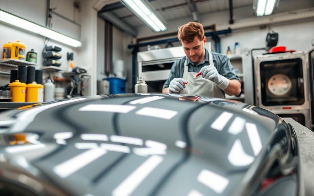 A detailed view of a custom chroming process in a professional workshop. In the foreground, focus on a sleek, chrome-plated car part resting on a workbench, reflecting the workshop's fluorescent lights. In the middle ground, a skilled technician wearing protective gloves and a clean apron is carefully applying a chrome solution to another metal part, showcasing their concentration and expertise. In the background, tools and equipment related to the chroming process are neatly organized, with an industrial vibe, including canisters of chrome, spray guns, and a curing oven. The atmosphere is bright and clean, emphasizing precision and craftsmanship. The angle is slightly above eye level, capturing both the technician's focused expression and the gleaming surfaces of the chrome parts.