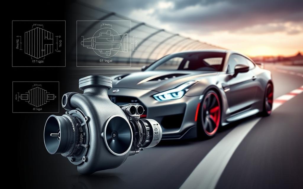A dynamic automotive scene showcasing the benefits of forced induction and fuel management. In the foreground, a modern turbocharger and fuel injector surrounded by technical diagrams illustrating airflow and fuel efficiency. In the middle ground, a sleek, high-performance car with its hood open, displaying intricate engine components, all lit with soft, cool lighting to emphasize the engineering details. The background features a blurred racetrack, creating a sense of speed and motion. The composition uses a slightly low angle to highlight the car’s aerodynamic design. The mood is innovative and high-tech, conveying the cutting-edge nature of engine tuning.