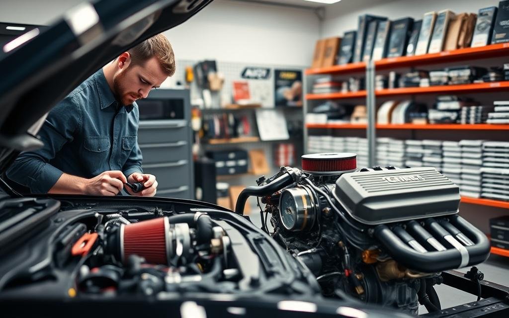 A dynamic automotive workshop scene showcasing the benefits of engine tuning focused on optimizing air, fuel, and exhaust efficiency. In the foreground, a skilled mechanic in professional attire inspects an open car hood, analyzing complex engine components with precision tools. The middle ground features a sleek, high-performance engine on a workbench, visibly enhanced with advanced tuning parts like aftermarket air filters, fuel injectors, and exhaust systems. In the background, shelves lined with automotive manuals and tuning equipment create a structured environment. Bright, focused lighting illuminates the scene, highlighting the mechanic's effort and the intricate details of the engine parts. The atmosphere conveys professionalism and expertise, with a slight hint of excitement about the improvements in performance. The camera angle is slightly elevated, capturing the essence of the tuning process.