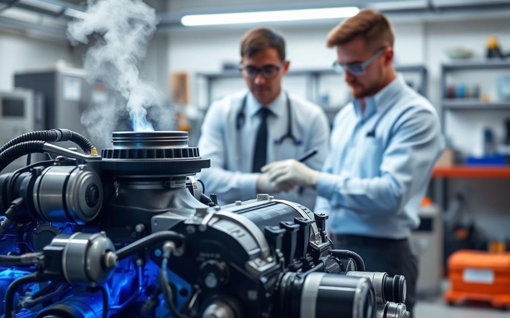 A dynamic scene showcasing the hydrogen cleaning process for engines, with a well-maintained engine in the foreground. The engine, highlighted by soft blue and white lighting, is connected to a hydrogen cleaning apparatus, which emits gentle wisps of vapor. In the middle ground, a professional technician in a clean, business attire works diligently, adjusting gauges and monitoring the process. They wear safety goggles and gloves, emphasizing a safe work environment. The background features a clean and organized workshop, with tools and equipment neatly arranged. The overall atmosphere is one of high-tech innovation and efficiency, with an emphasis on precise engineering and environmental responsibility, captured with a slightly elevated angle to convey depth and focus on the hydrogen cleaning mechanism.