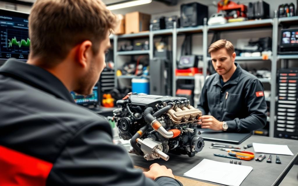 A dynamic workshop scene showing an automotive technician in professional attire, focused on a computer screen displaying ECU tuning software. In the foreground, a high-resolution dashboard with graphs and engine parameters illustrates real-time data analysis. In the middle, a partially disassembled car engine on a workbench highlights the technical aspect of software tuning, with tools and tuning manuals nearby. In the background, shelves filled with automotive diagnostic equipment and tuning kits create a busy, professional atmosphere. The lighting is bright and clear, emphasizing the details of the workspace, with a slight lens blur giving it a depth-of-field effect. The overall mood reflects innovation and technical expertise, demonstrating the benefits of ECU reflash and software tuning.