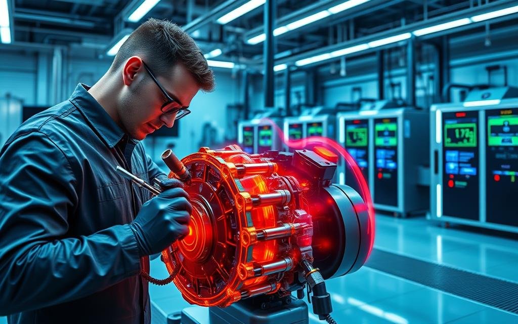 A futuristic automotive workshop scene focused on the engine performance optimization process. In the foreground, a technician in professional business attire examines a high-tech engine component with precision instruments. The middle section showcases an animated 3D visualization of engine parameters, such as fuel efficiency and emission levels, illustrated in vibrant colors. The background features an array of advanced cleaning equipment, including hydrogen cleaning machines, with glowing interfaces and digital screens displaying performance metrics. The lighting is bright and focused, casting a clean, clinical look across the workshop. The atmosphere is one of innovation and technological advancement, emphasizing a commitment to optimizing engine longevity and performance efficiency.