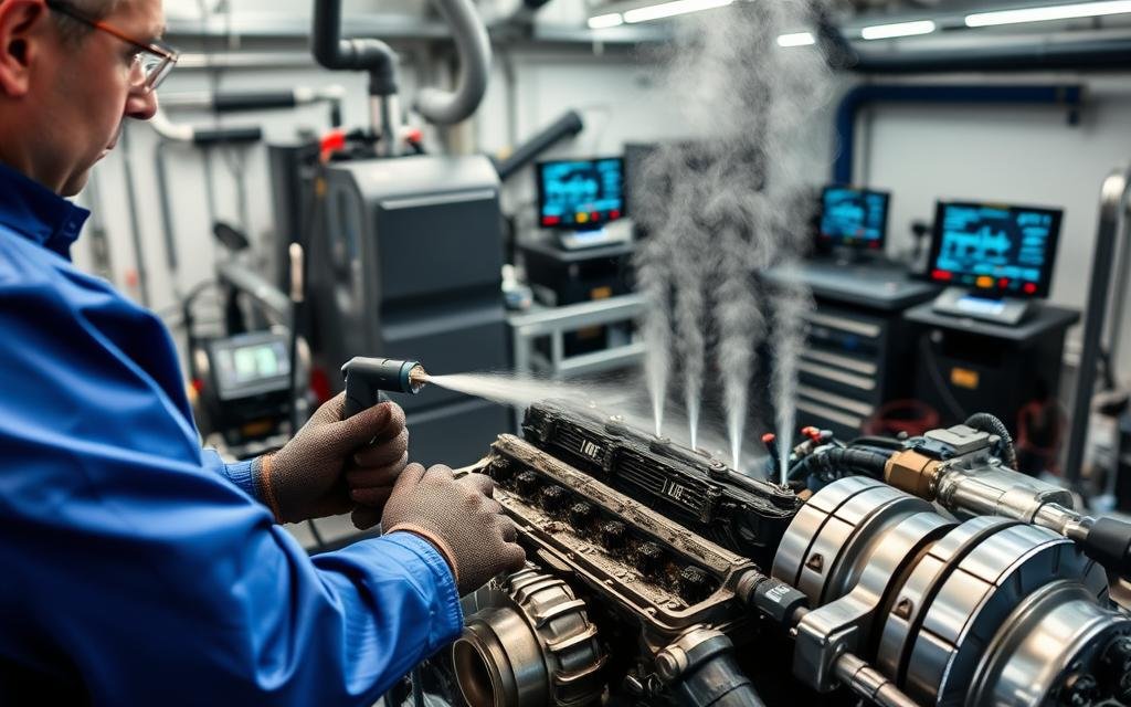 A high-tech engine workshop scene focused on the hydrogen cleaning process, showcasing a clean and efficient engine bay. In the foreground, a professional technician in a blue jumpsuit is using specialized hydrogen cleaning equipment, with visible jets of hydrogen gas targeting carbon deposits inside an engine's combustion chamber. The middle ground features a partially disassembled engine, illustrating the buildup of dark carbon against shiny metal surfaces. The background is filled with modern tools and diagnostic screens displaying real-time measurements of carbon removal effectiveness. Soft, neutral lighting illuminates the workspace, creating a bright, optimistic mood that emphasizes innovation and environmental sustainability. The camera angle is slightly overhead, providing a comprehensive view of the hydrogen cleaning process in action, capturing both the technology and the meticulous craftsmanship involved.