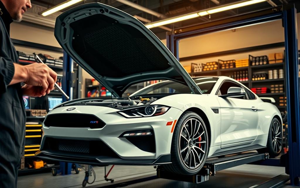 A modern automotive workshop setting, featuring a sleek, high-performance car on a lift, with mechanics in professional attire carefully tuning the engine. In the foreground, a mechanic holds performance tuning tools, showcasing precision and expertise. The middle section shows instruments like a dynamometer and diagnostic displays, illustrating the technical aspect of engine tuning. The background is filled with illuminated shelves of automotive parts, creating a busy yet organized atmosphere. Soft, warm lighting highlights the vehicle’s curves, casting dynamic shadows that emphasize movement and potential. The overall mood is focused and innovative, conveying the excitement and benefits of unlocking a vehicle's hidden power through expert tuning.