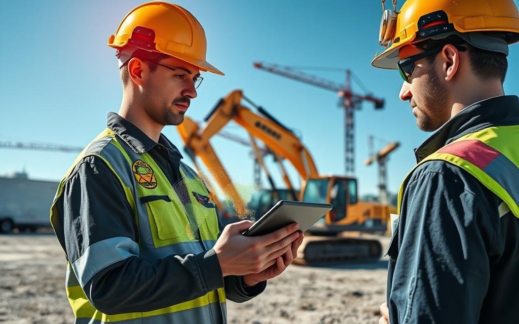 A modern construction site showcasing advanced technology in equipment maintenance. In the foreground, a technician wearing a smart helmet and a tablet in hand inspects heavy machinery, with an overlay of digital diagnostic data displayed on the tablet screen. In the middle ground, various construction equipment like excavators and cranes are organized, showing high-tech sensors and monitoring systems attached. The background features a clear blue sky, with a contemporary office trailer and cranes silhouetted against it. The scene is brightly lit to convey a sense of optimism and innovation, with a focus on the synergy between technology and maintenance practices. Use a wide-angle lens for a dynamic perspective that captures the entire scene effectively. The atmosphere is professional and forward-looking, emphasizing efficiency and progress.