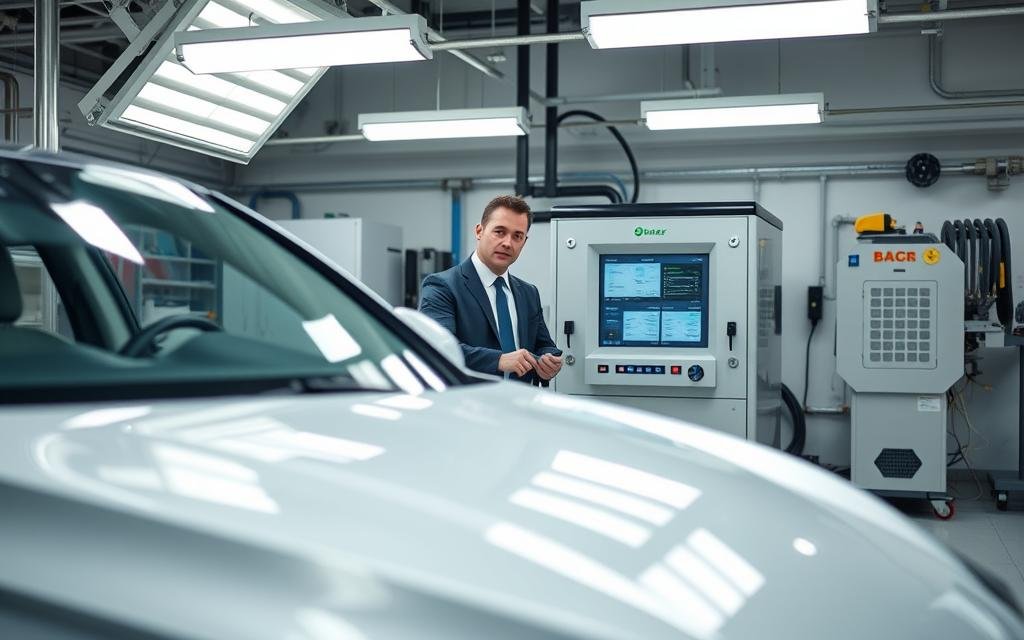 A modern vehicle undergoing a hydrogen cleaning process, positioned prominently in the foreground. The vehicle's clean, shiny exterior reflects soft, fluorescent workshop lighting. In the middle ground, a technician in professional business attire operates a high-tech hydrogen cleaning machine, showcasing advanced technology with screens and hoses. The background reveals a clean, organized automotive workshop with tools and equipment neatly arranged, radiating a professional atmosphere. Bright, even lighting enhances the sense of innovation and cleanliness. The mood is optimistic and forward-looking, emphasizing the potential of hydrogen solutions in emissions testing. The composition should suggest a sense of efficiency and eco-friendliness, inviting viewers to consider the benefits of hydrogen cleaning for vehicles.