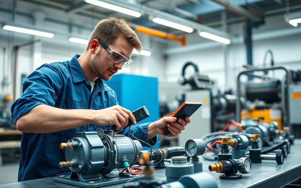 A professional technician in a clean, industrial workshop focused on troubleshooting a hydraulic system. In the foreground, the technician, dressed in a blue work shirt and safety goggles, is carefully inspecting a hydraulic pump with a multimeter in hand. The middle ground features various hydraulic components—hoses, valves, and gauges—arranged neatly on a workbench. In the background, large machinery and bright overhead lighting create a bright, functional atmosphere, highlighting the importance of safety and precision in hydraulic repairs. The image captures a sense of diligence and expertise, infused with a cool color palette that reflects an environment dedicated to technical work and problem-solving.