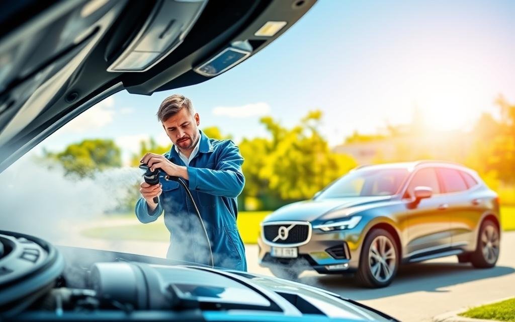 A vibrant and engaging scene showcasing the safety and efficiency benefits of hydrogen cleaning for vehicles. In the foreground, a mechanic in a professional blue jumpsuit is examining a clean engine, demonstrating the hydrogen cleaning process with a specialized cleaning tool, emitting gentle wisps of steam. In the middle ground, a sleek, modern vehicle gleams under bright, natural lighting, highlighting its environmentally friendly features. The background features a clean, green landscape with trees and a clear blue sky, symbolizing the environmental benefits. Soft, diffused sunlight casts an inviting glow over the scene, creating a hopeful and innovative atmosphere that embodies progress and sustainability in automotive technology.