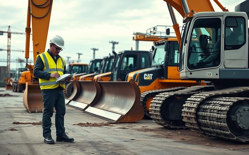 A well-organized construction maintenance scene showcasing effective practices. In the foreground, a professional technician in safety gear examines a large excavator, using a checklist and tools. In the middle, various construction equipment like bulldozers and cranes are neatly lined up, each displaying clear signs of regular maintenance—shiny metal parts, clean filters, and fresh paint. The background features a construction site under an overcast sky, with soft natural light casting gentle shadows, creating a calm and focused atmosphere. Take the shot from a low angle to emphasize the equipment and the diligence of the technician. The overall mood should convey professionalism, attention to detail, and a commitment to safety and efficiency in construction equipment maintenance.
