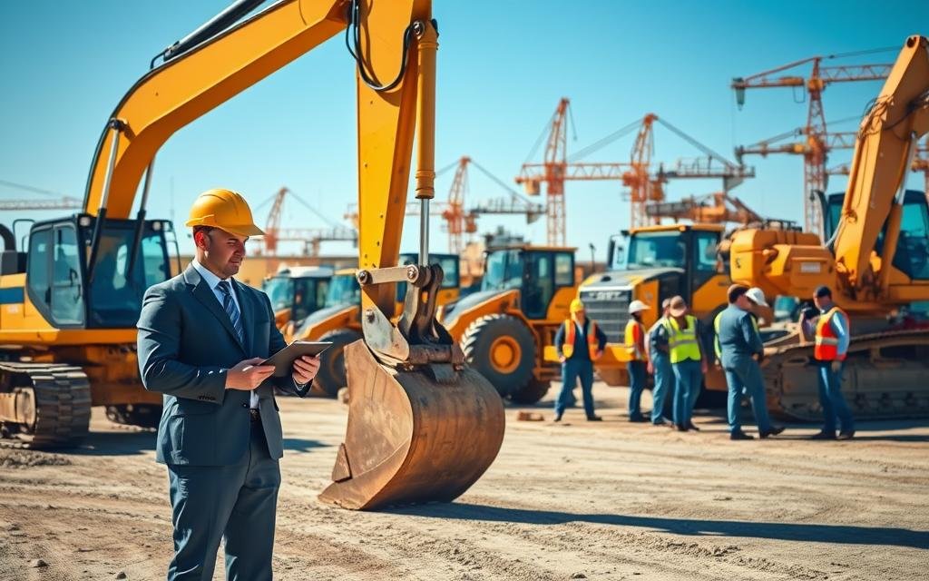 A well-organized construction site showcasing a variety of maintenance strategies for equipment. In the foreground, a professional technician in business attire inspects a large excavator, carefully checking its components and taking notes. In the middle ground, other pieces of construction equipment, such as bulldozers and cranes, are lined up, each labeled with colorful tags indicating different maintenance schedules. The background features a bright blue sky and a bustling construction crew collaborating on maintenance tasks. The lighting is warm and natural, emphasizing the productivity of the site. The atmosphere is focused and industrious, conveying the importance of regular equipment maintenance to enhance operational efficiency and boost ROI.