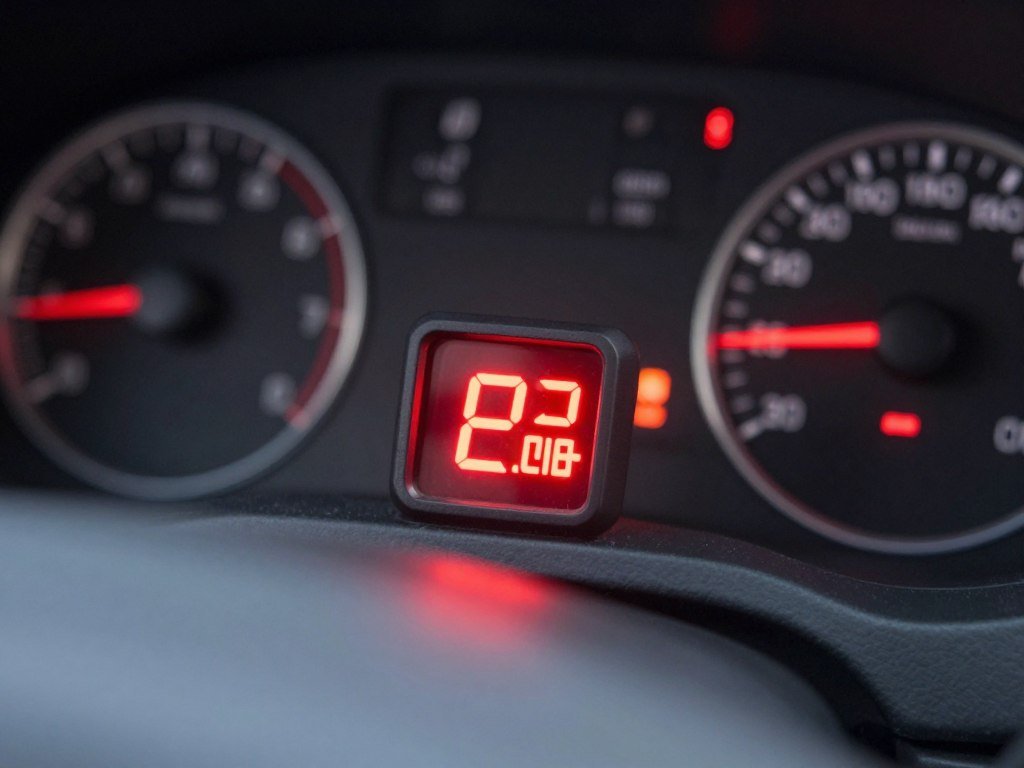 A close-up view of a brightly illuminated "check engine light" dashboard indicator, prominently displayed in the foreground. The light emits a warm, glowing red hue, casting soft reflections on surrounding surfaces. In the middle ground, a car dashboard is visible, featuring various gauges and warning lights in a modern vehicle design. The background is slightly blurred, hinting at the interior of a sleek car, emphasizing the focus on the warning light. The lighting is soft and diffused, creating an informative yet serious atmosphere. The angle is slightly tilted to provide depth, allowing the viewer to appreciate the importance of this diagnostic tool. No text or logos present in the image.