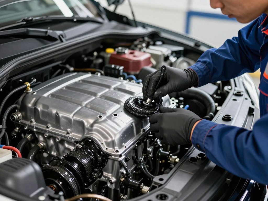A close-up view of a car engine being meticulously cleaned, showcasing the vibrant contrast between the clean metallic surfaces and the dark carbon build-up being removed. In the foreground, a technician dressed in professional work attire focuses on the cleaning process, demonstrating precision and care. The middle ground features details of the engine's internal components, emphasizing the areas affected by carbon build-up with a scientific clarity. In the background, soft, diffused lighting enhances the metallic sheen of the engine, creating a clean and sophisticated atmosphere. The overall mood is one of restoration and efficiency, capturing the essence of engine maintenance and the benefits of carbon cleaning.