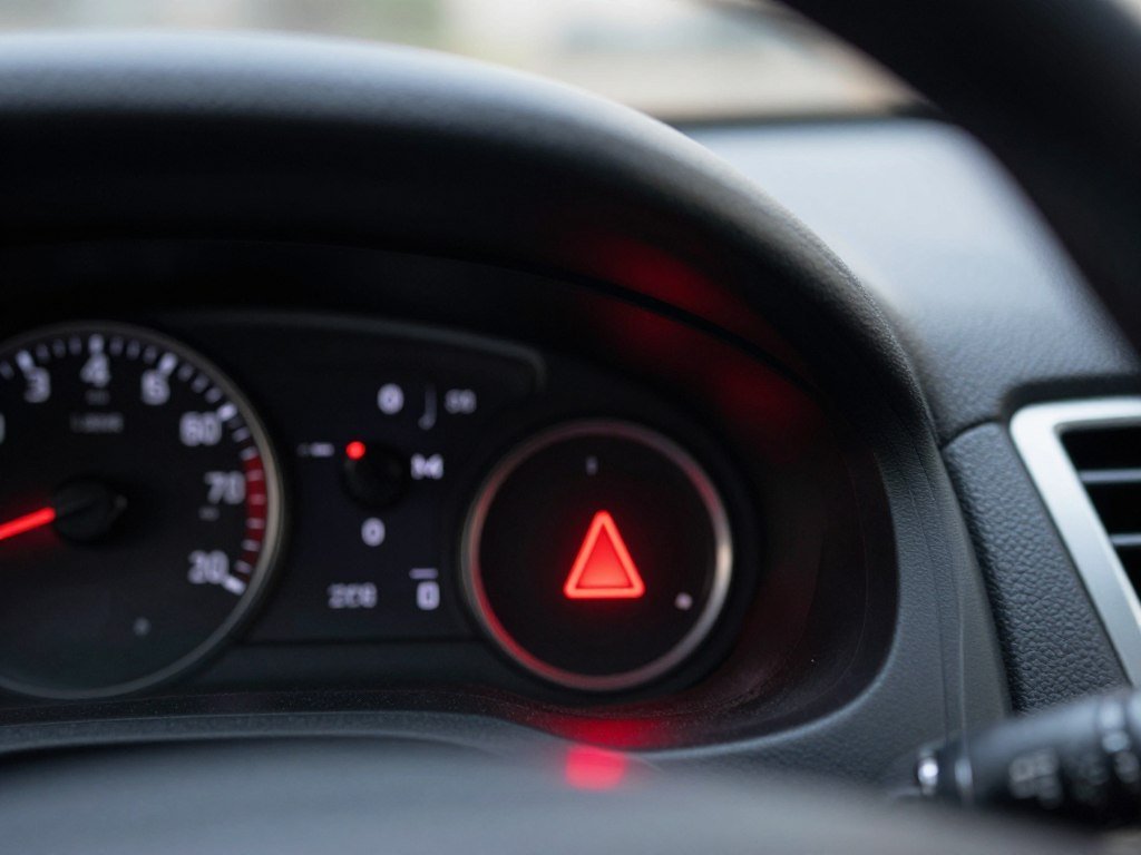 A close-up view of a check engine light illuminated on a car dashboard, showcasing a vibrant red warning symbol against the dark backdrop of the dashboard panel. The foreground features the clear, glowing indicator, while the middle layer captures the intricate details of the dashboard dials and switches, adding depth and context. In the background, a blurred car interior provides an immersive atmosphere, hinting at the vehicle's modern design. Soft, ambient lighting emphasizes the check engine light, with a subtle reflection on the dashboard surface, creating a sense of urgency and attention. The overall mood conveys a serious and informative tone, fitting for automotive diagnostics.