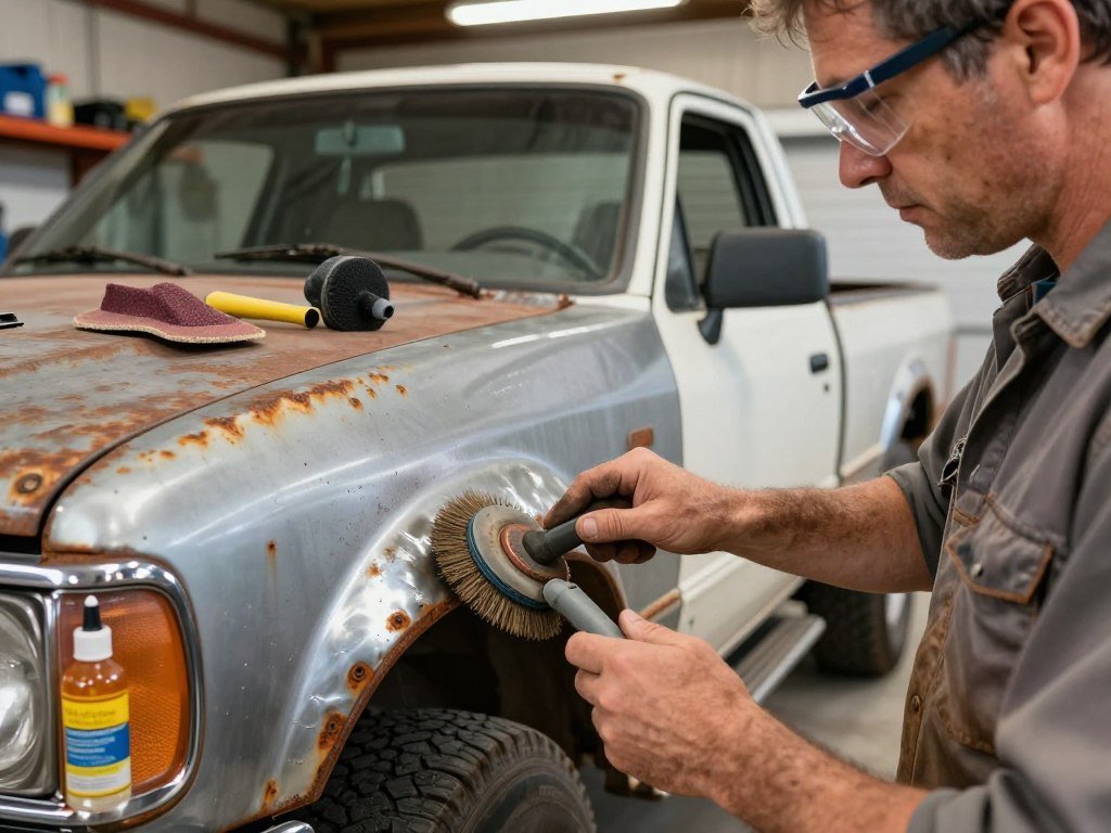A close-up view of a mechanic performing rust repair on a truck, showcasing a middle-aged man in a modest, professional-looking work shirt and safety glasses. In the foreground, focus on his hands using a wire brush to remove rust from the truck's metal surface, revealing shiny steel underneath. In the middle ground, display the truck, a rugged pickup, with noticeable rust patches on the fender and door area, surrounded by tools like sanders and rust treatment solutions. The background features a well-lit garage with shelves of equipment and soft fluorescent lighting that enhances the scene's detail. The mood is industrious and focused, evoking a sense of determination to restore the truck to its former glory.