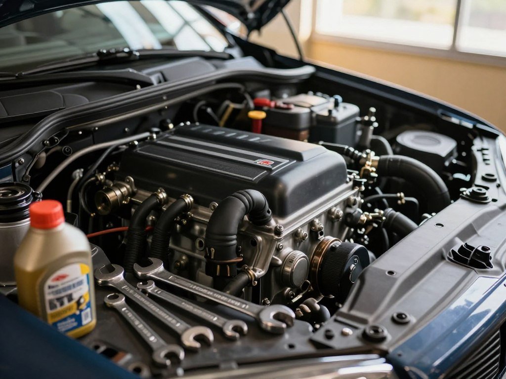 A close-up view of a well-maintained engine compartment, showcasing various maintenance tools like wrenches and oil containers arranged neatly in the foreground. In the middle, focus on a gleaming engine with clearly labeled components, emphasizing cleanliness and proper upkeep. The background features a soft-focus garage environment, illuminated by warm, natural light filtering through a window, creating an inviting atmosphere. Use a high-resolution lens to capture intricate details, enhancing textures like shiny metal and rubber hoses. The mood should convey a sense of professionalism and care, reflecting best practices for engine longevity. Aim for a balanced composition that highlights the importance of engine maintenance without any distractions or text elements.