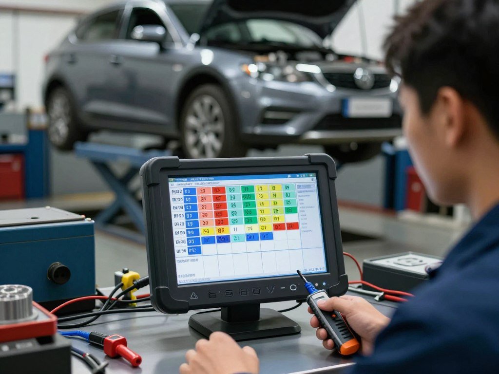 A close-up view of an automotive diagnostic trouble code (DTC) analysis, featuring a detailed digital display screen that showcases various DTC characters in vibrant colors. In the foreground, include a mechanic in professional attire focused on the screen, holding diagnostic tools. The middle layers showcase a cluttered workshop environment, with various automotive tools and equipment slightly out of focus. The background features a sleek car on a lift, illuminated by soft, overhead lighting that highlights the intricate details of the vehicle and tools. The atmosphere should feel technical and informative, with a sense of precision and clarity, emphasizing the complexity of automotive diagnostics without any text or logos interfering with the visual focus.