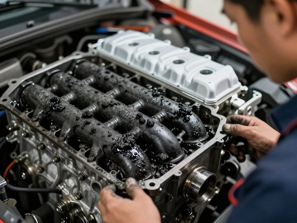 A close-up view of an engine component showing extensive carbon build-up, illustrating the negative impact on performance. In the foreground, a mechanic clad in professional attire examines a dirty intake manifold, highlighting the blackened surfaces and clumps of carbon. The middle ground features a contrast between the soiled component and an adjacent, pristine cleaned section, emphasizing the transformation. The background includes soft-focus garage tools and equipment to provide context, with warm, ambient lighting enhancing details. The lens perspective captures both the wear and tear of the engine and the hopeful aspect of maintenance. The mood conveys a sense of urgency and determination as the mechanic works to restore performance and efficiency.