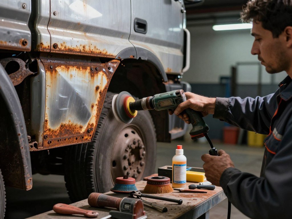 A close-up view of an experienced mechanic repairing rust on a truck’s body, showcasing detailed steps in the rust removal process. The foreground highlights the mechanic, dressed in professional work attire, diligently sanding the rusted areas using power tools. In the middle ground, tools like sanders, brushes, and rust treatment products are neatly arranged on a workbench. The background captures a dimly lit garage environment, with shadows cast by overhead lights, creating a focused atmosphere. The scene conveys a sense of determination and expertise, emphasizing the careful attention needed in the rust repair process, with the truck’s metallic surfaces gleaming in contrast to the rough texture of rust.