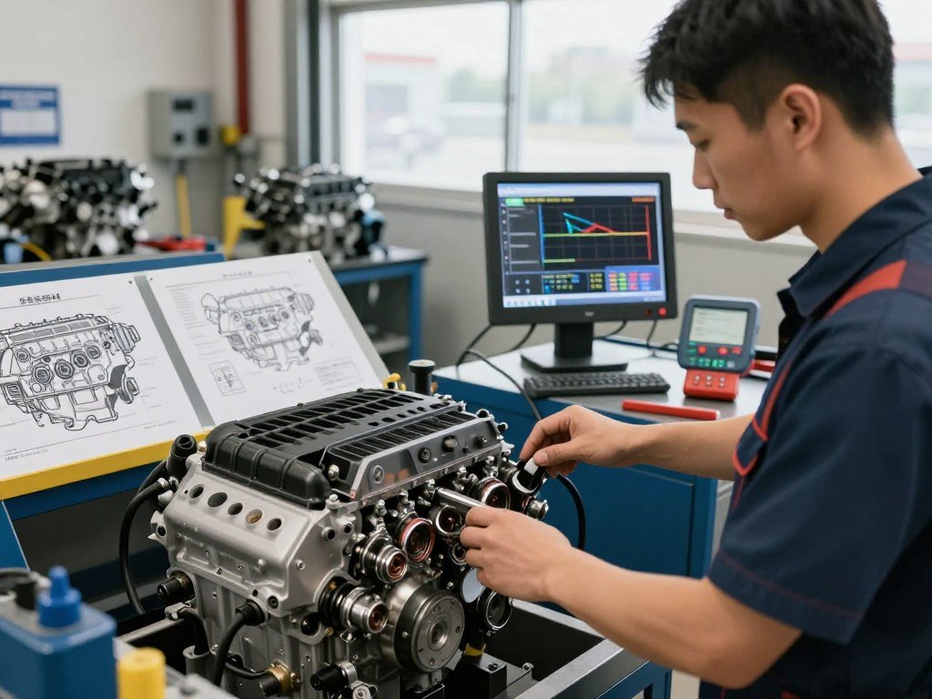 A detailed automotive workshop scene showcasing a diesel engine undergoing fuel injection and timing calibration. In the foreground, a mechanic dressed in professional attire intently adjusts the engine components, using high-tech diagnostic tools. The middle ground features an organized workspace with tools, schematics of diesel engines, and a computer interface displaying real-time performance data. The background includes a well-lit garage with engine parts and a large window letting in natural light, creating a bright and inviting atmosphere. The composition should focus on precision and professionalism, highlighting the intricate details of the calibration process. Use soft, even lighting to emphasize clarity without harsh shadows, capturing a sense of focus and efficiency in the air.