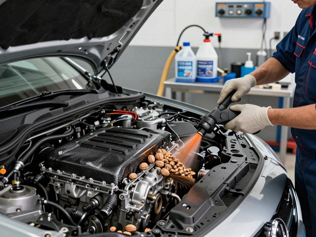 A detailed illustration of engine carbon cleaning methods, focusing on two advanced techniques: walnut blasting and chemical stripping. In the foreground, display an open engine bay with a mechanic in professional attire carefully performing walnut blasting, with walnut shells visibly being used for cleaning carbon deposits on engine parts. In the middle ground, show chemical stripping equipment, including flasks and hoses, illustrating the process's complexity. The background features automotive repair tools and a clear workshop setup, highlighting a clean and organized environment. The lighting is bright and focused, enhancing the technical details of the engine components. The overall mood is professional and industrious, capturing the essence of automotive maintenance and efficiency restoration.