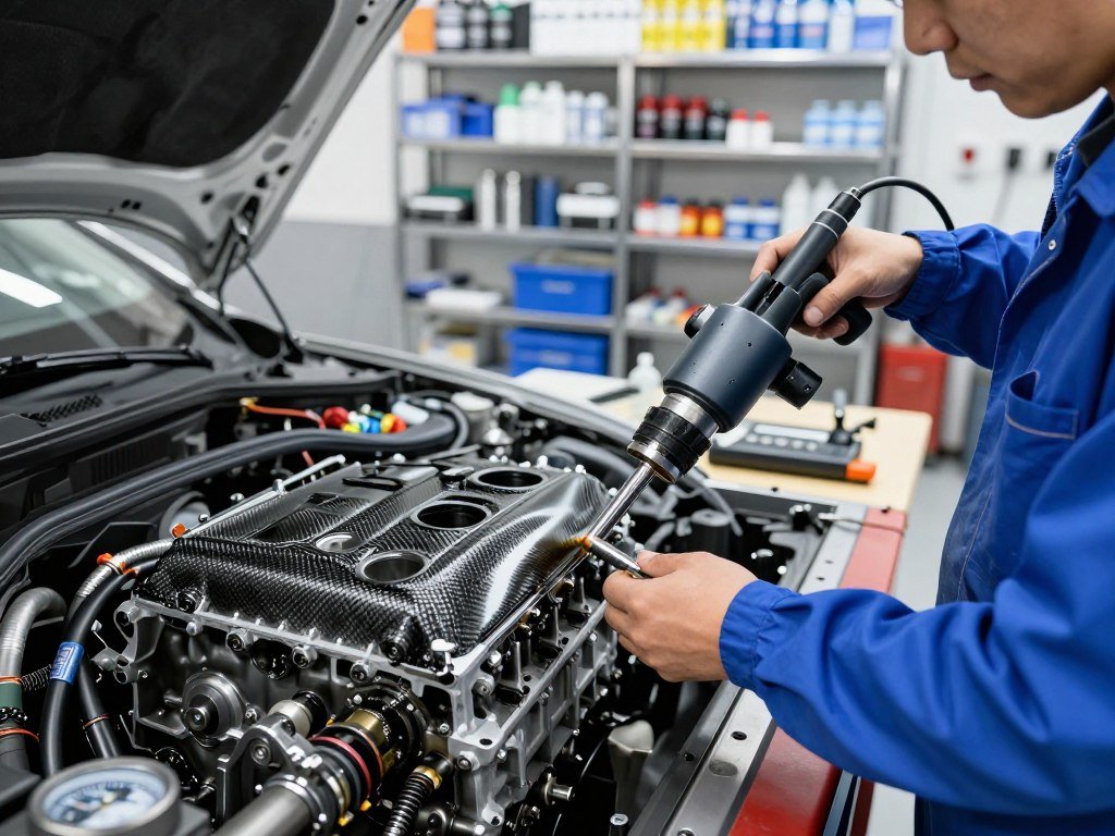 A detailed scene of the carbon cleaning maintenance process for an engine, set in a modern automotive workshop. In the foreground, a technician in a blue coverall meticulously operates a specialized carbon cleaning machine, focusing on the engine component. The machine features visible pipes and gauges, demonstrating its complex functionality. In the middle ground, gleaming tools and equipment are neatly arranged on a workbench, while a partially disassembled engine showcases carbon buildup. The background reveals well-organized shelves stocked with automotive supplies under bright, white LED lighting, creating an efficient and professional atmosphere. The image should capture a sense of diligent work and technical expertise, with a slightly elevated angle to emphasize the action.