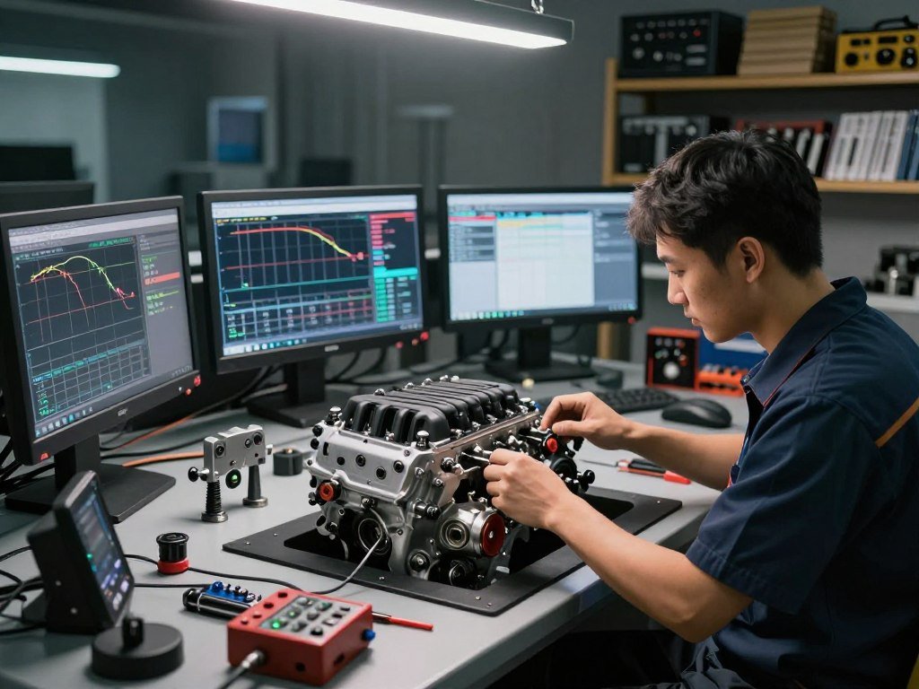A detailed view of a modern engine tuning workshop, showcasing advanced techniques in engine adjustments. In the foreground, an experienced mechanic in professional attire works intently on a high-performance engine, with intricate tools and diagnostic equipment spread out nearby. The middle ground features various monitors displaying engine performance data and tuning software, while a couple of adjustable engine stands and parts are visible. In the background, shelves filled with precision tools and tuning manuals are dimly lit, creating a focused ambiance. Soft, overhead lighting highlights the mechanic's concentrated expression, adding to the atmosphere of expertise and innovation. The overall scene conveys a sense of professionalism and technical prowess in automotive engineering.