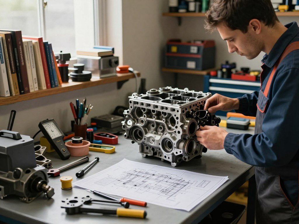 A detailed workshop setting featuring a mechanic's workstation focused on blueprinting and engine overhauls. In the foreground, an organized workbench is cluttered with precision measuring tools, blueprints of engine parts, and a partially disassembled engine showcasing its internal components. The mechanic, dressed in professional work attire, is inspecting the engine blocks under warm, focused lighting that highlights the intricate details of the assembly. In the middle ground, shelves lined with books and manuals about engine tuning and overhauls create a sense of expertise. The background reveals an array of toolboxes and spare parts, illuminated by natural light streaming through a window, adding a collaborative and inspiring atmosphere to the scene. The overall composition conveys a serious yet approachable ambiance.