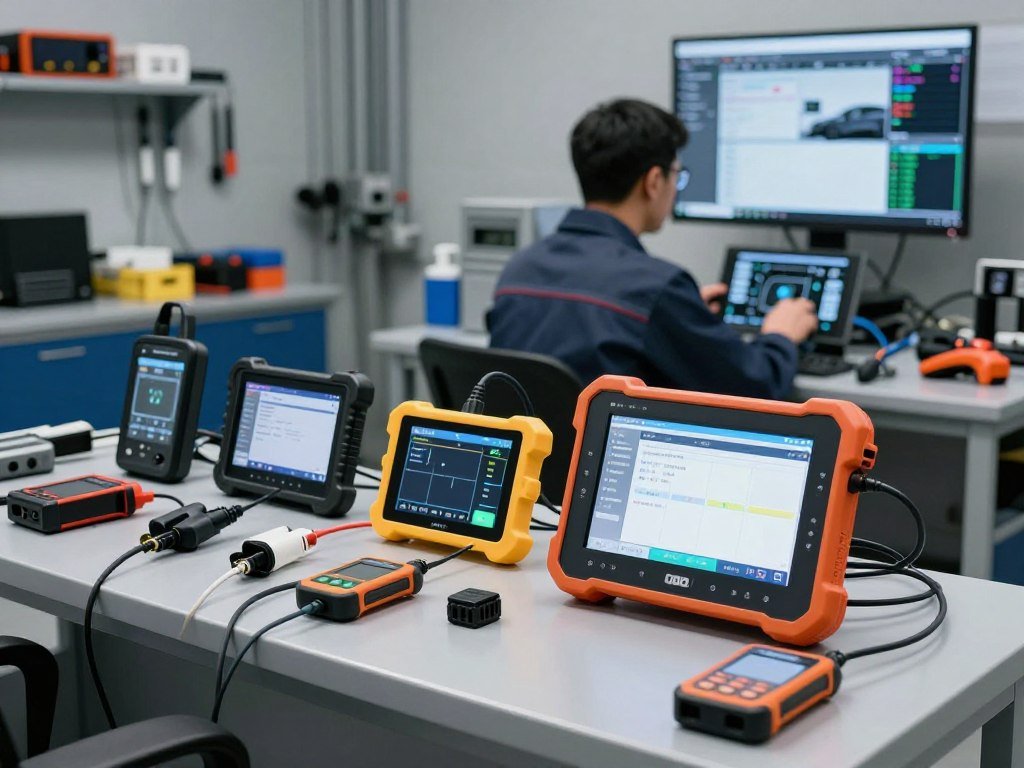 A detailed workspace showcasing OBD scanners and telematics diagnostics tools on a sleek, modern automotive workbench. In the foreground, vibrant OBD scanners with illuminated displays are neatly arranged, showcasing various diagnostic interfaces. The middle ground features a mechanic dressed in professional attire, attentively inspecting a car's electronic systems, with cables and diagnostic connectors visible. The background displays a well-organized garage with tools, car parts, and a large screen showing real-time diagnostic data. Soft, bright lighting enhances the technical atmosphere, while a depth of field effect highlights the scanner in focus. The overall mood conveys professionalism and precision, inviting viewers into the world of automotive diagnostics.