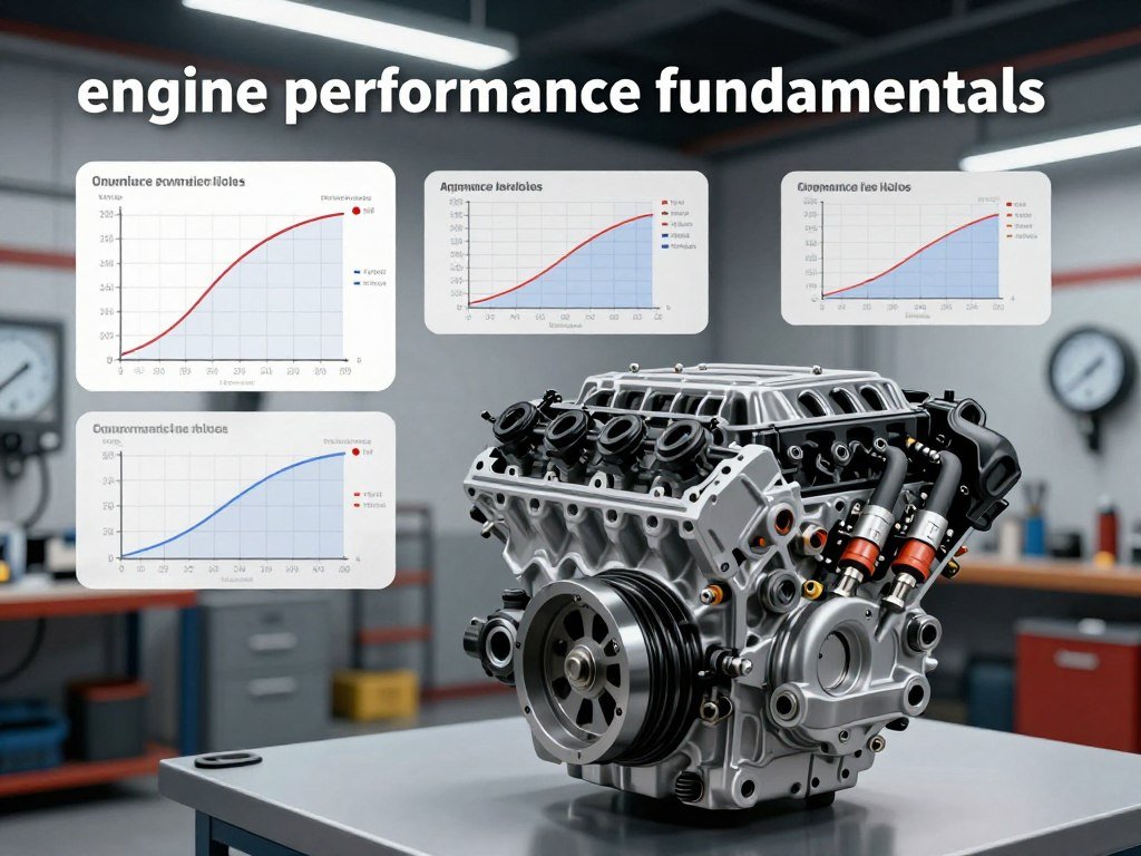 A dynamic and informative illustration of "engine performance fundamentals." In the foreground, a detailed, cutaway view of a modern internal combustion engine is showcased, emphasizing components like the piston, valves, and fuel injectors. In the middle ground, intricate diagrams of torque curves, air-fuel mixtures, and performance metrics are displayed as floating overlays, providing a technical feel. The background features a sleek workshop environment with tools and gauges, softly lit with overhead lights to create a focused and professional atmosphere. The perspective is slightly elevated, giving depth to the engine while maintaining a clear view of the relevant components. The overall mood is polished and educational, perfect for an informative article.