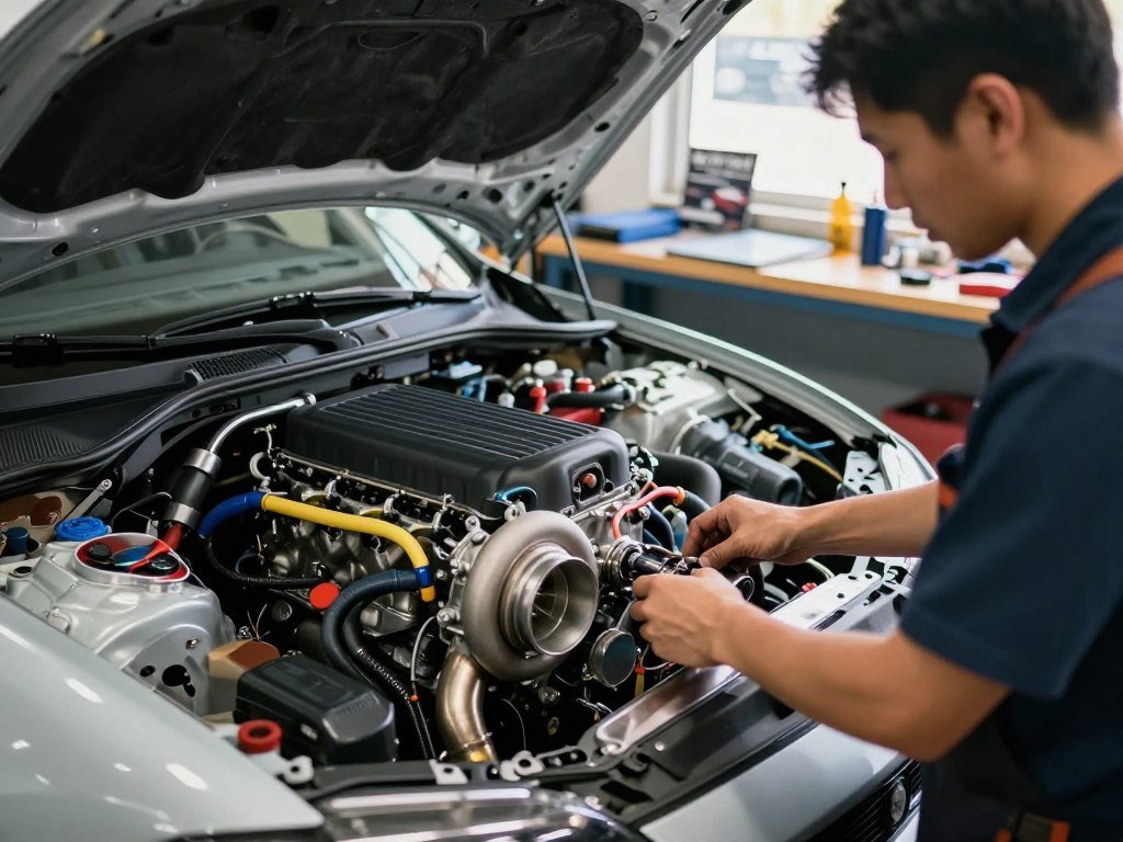 A dynamic automotive scene showcasing a high-performance engine in a workshop setting, emphasizing the concept of boosting horsepower and torque. In the foreground, a mechanic in professional attire is intently tuning an engine, surrounded by tools and performance enhancement parts, such as turbochargers and exhaust systems. The middle ground features an open engine bay with visible modifications, highlighting vibrant hoses and wiring, emphasizing the sleek engineering of the components. The background showcases automotive posters and a workbench cluttered with tuning manuals, creating a focused, industrious atmosphere. Soft, natural lighting streams through a window, casting a warm glow across the scene, with a shallow depth of field that softly blurs the background, ensuring the mechanic and engine remain the focal point. The overall mood conveys excitement and innovation in engine performance enhancement.