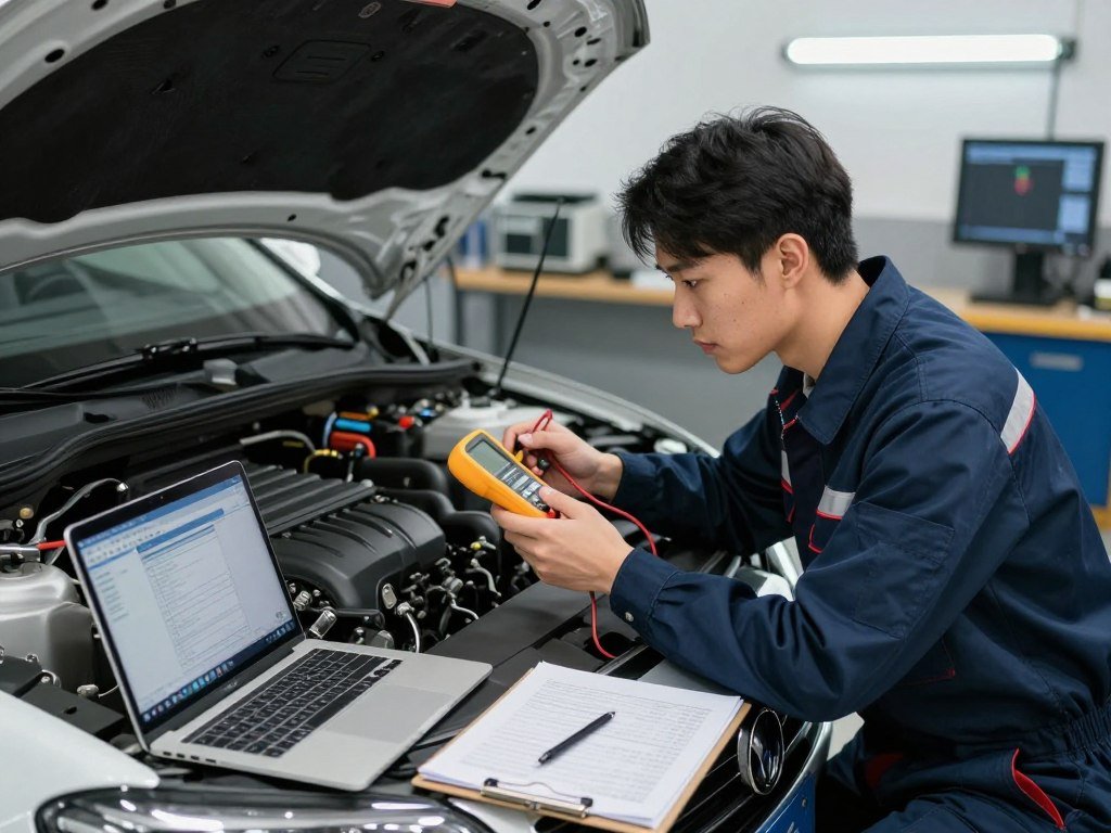 A focused automotive technician in professional attire is kneeling beside a car hood, examining an engine with a multimeter in hand, symbolizing the troubleshooting of Diagnostic Trouble Codes (DTC). In the foreground, tools such as a laptop with diagnostic software and a clipboard filled with notes are visible. The middle ground features the open hood of a modern car, showcasing intricate components like the engine and wiring. The background exhibits a well-lit garage with diagnostic equipment on shelves, enhancing the technical atmosphere. The scene is illuminated by bright fluorescent lights, casting soft highlights on the metallic surfaces. The overall mood conveys diligence and focus, emphasizing the importance of accurately diagnosing vehicle performance problems.