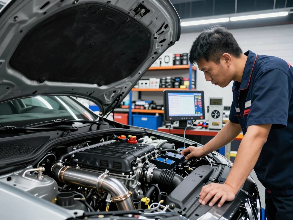 A high-performance engine tuning workshop scene, featuring a skilled mechanic in professional attire, focused on adjusting an open engine hood. The mechanic is using advanced diagnostic tools and tuning equipment, with detailed dials and screens showing engine metrics. The foreground shows the intricacy of the engine components, including custom exhaust systems and upgraded air intakes, while the middle layer captures the mechanic’s intense concentration. In the background, shelves stocked with automotive parts and tuning manuals hint at a bustling workshop atmosphere, illuminated by bright overhead LED lights. The overall mood is one of precision and expertise, emphasizing the pursuit of maximum engine performance. The shot is taken from a low angle to highlight the engine and the mechanic's focused gaze.